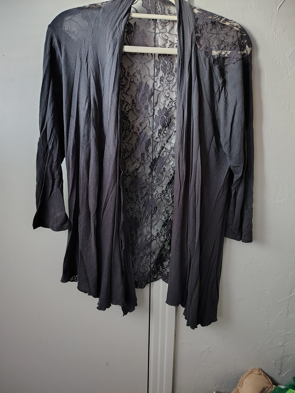 Lace-Back Open Front Cardigan - Charcoal Gray
